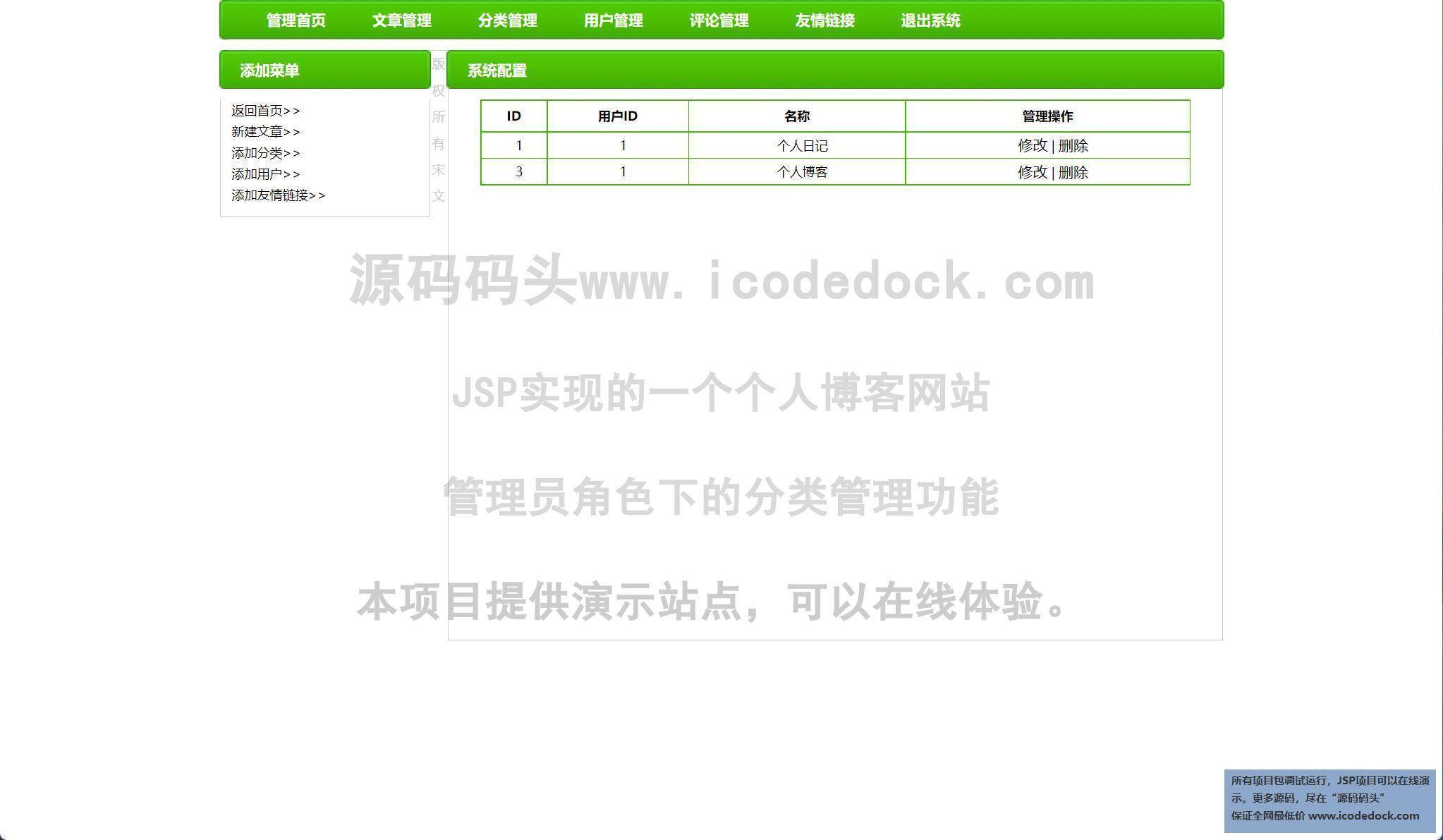 源码码头-JSP实现的一个个人博客网站-管理员角色-分类管理